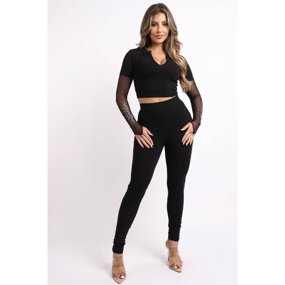 Women's Mesh Contrast Top and Matching Leggings Outfit Set Super Cute Sexy XS-3X - Picture 2 of 11
